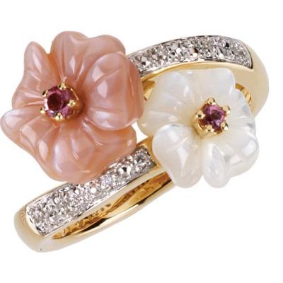 14K Yellow Pink Tourmaline, Mother Of Pearl & .04 CTW Diamond Ring 