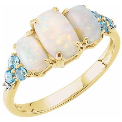 14K Yellow Gold Opal, Swiss Blue Topaz, & .012 Diamond Ring  