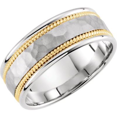 14K White/Yellow Gold 9 mm Rope Design Band with Hammer Finish Size 16