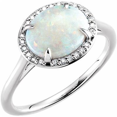 14K White Opal & .06 CTW Diamond Ring