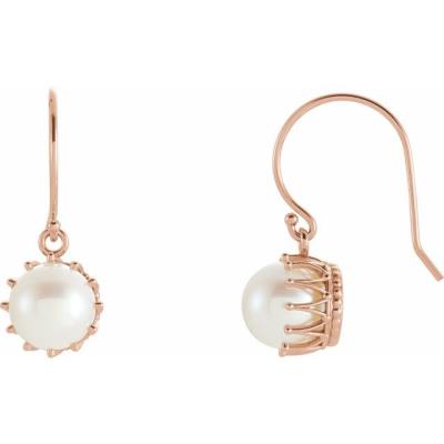 14K Rose 7.5-8 mm Freshwater Cultured Pearl Crown Earrings