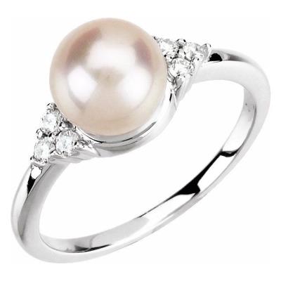 14K White 7.5-8 mm Freshwater Cultured Pearl & 1/8 CTW Diamond Ring