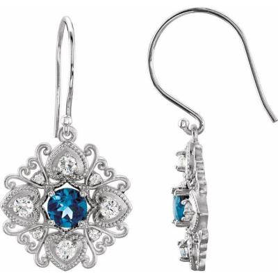 14K White London Blue Topaz & 1/2 CTW Diamond Vintage-Inspired Filigree Earrings