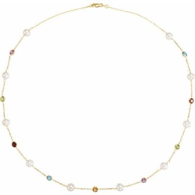14K Yellow Gold Freshwater Cultured Pearl & Multi-Gemstone Station 18" Necklace  