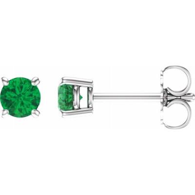 14K White 4 mm Round Emerald Earrings