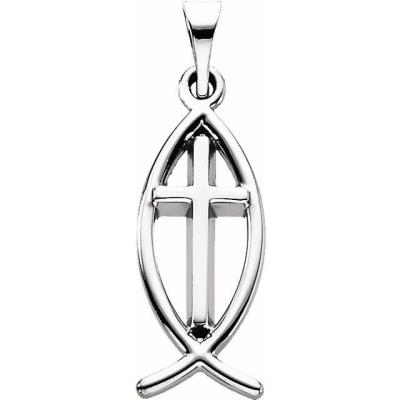 14K White 17x8 mm Fish Pendant with Cross