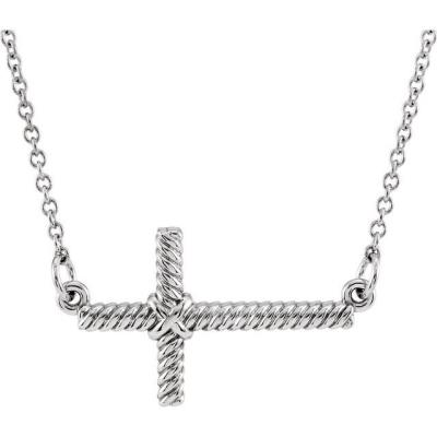 14K White 11.3x20.15 mm Sideways Rope Cross 16.5" Necklace 