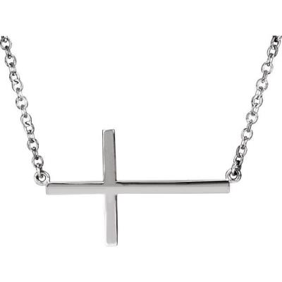 14K White 28x16.2 mm Sideways Cross 16-18" Necklace
