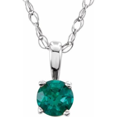 14K White 3 mm Round May Chatham® Lab-Created Emerald Youth Birthstone 14" Necklace