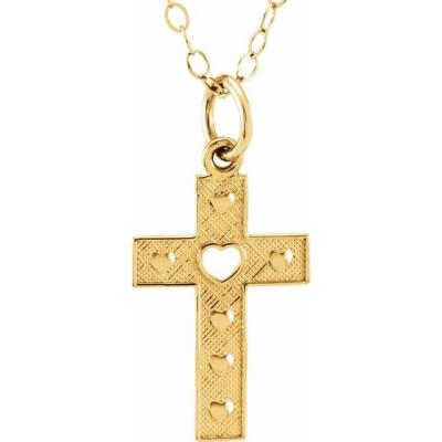 14K Yellow Gold Pierced Heart Cross 15" Necklace 