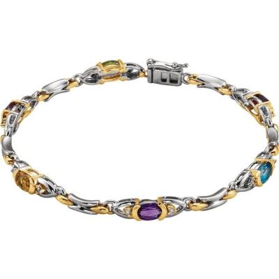 14t White/Yellow Gold Amethyst, Citrine, Mozambique Garnet, Rhodolite Garnet, Peridot, Swiss Blue Topaz  & 1/10 CTW Diamond 7.5" Bracelet
