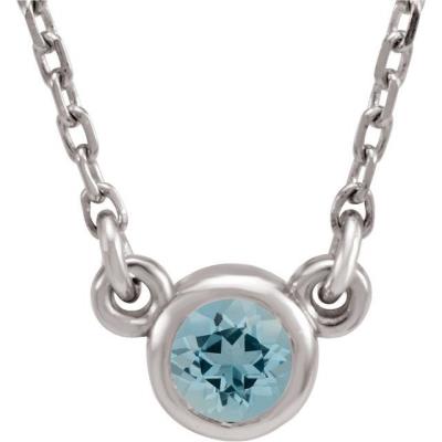 14K White 3 mm Round Aquamarine Bezel-Set Solitaire 16" Necklace