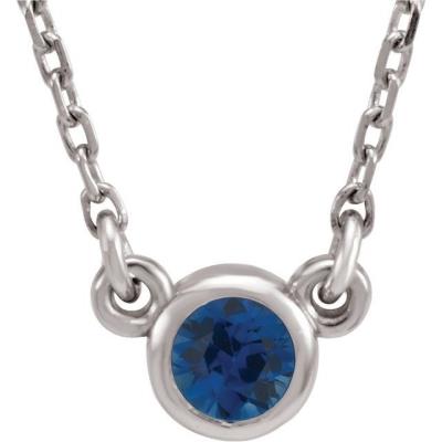 14K White 3 mm Round Chatham® Lab-Created Blue Sapphire Bezel-Set Solitaire 16" Necklace