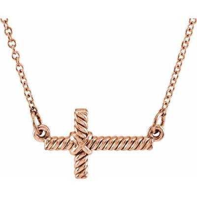14K Rose 8.65x16 mm Sideways Rope Cross 16.5" Necklace 