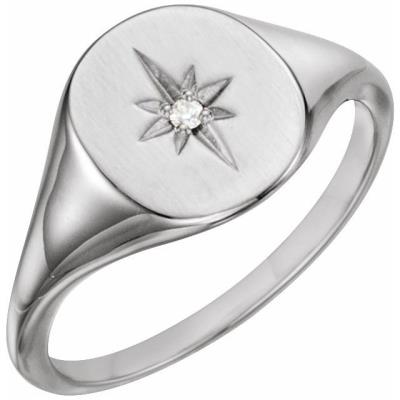 Sterling Silver .02 CTW Diamond 11x10 Oval Starburst Signet Ring