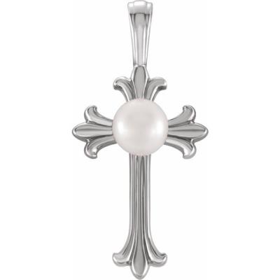 14K White Freshwater Cultured Pearl Cross Pendant  