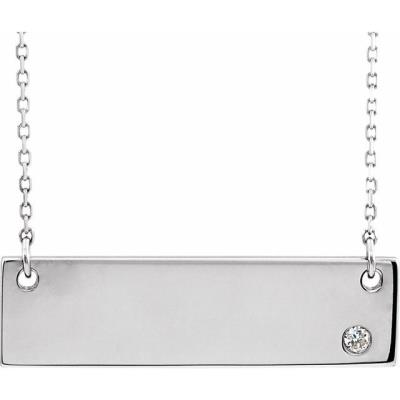 14K White .03 CT Diamond Bar 18" Necklace without Engraving  