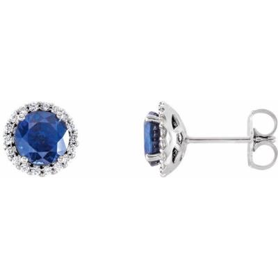 14K White Chatham® Lab-Created Blue Sapphire & 1/8 CTW Diamond Earrings  