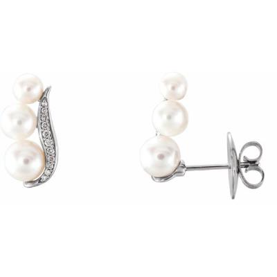 14K White Freshwater Pearl & 1/10 CTW Diamond Ear Climbers