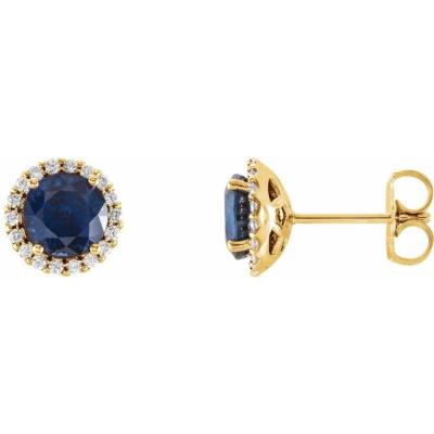 14K Yellow Gold Chatham® Lab-Created Blue Sapphire & 1/6 CTW Diamond Earrings  