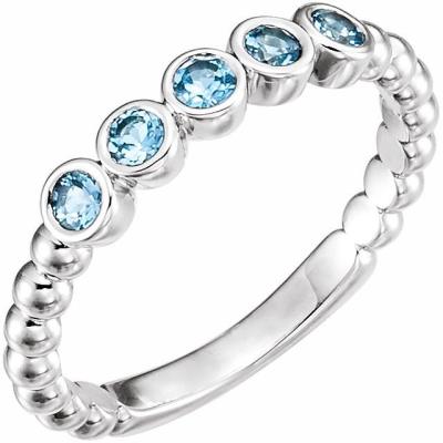 Ladies 14K White Aquamarine Bezel-Set Beaded Ring