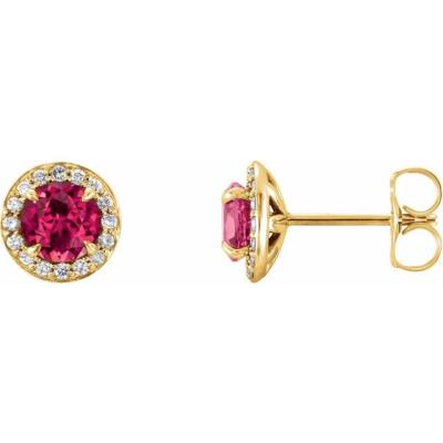 14K Yellow Gold 3.5 mm Round Chatham® Lab-Created Ruby & 1/8 CTW Diamond Earrings  