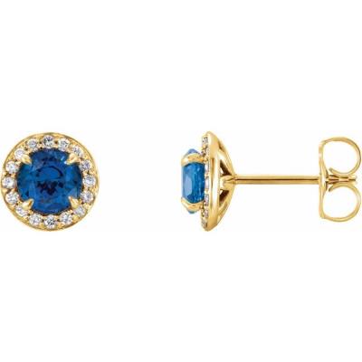 14K Yellow Gold 5 mm Round Chatham® Lab-Created Sapphire & 1/8 CTW Diamond Earrings