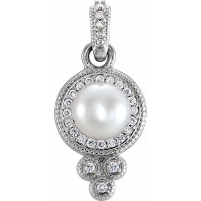 14K White 6-6.5 mm Freshwater Cultured Pearl & 1/8 CTW Diamond Pendant