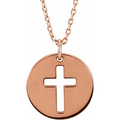 14K Rose Pierced Cross Disc 16-18" Necklace