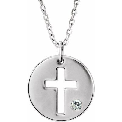 14K White .03 CTW Diamond Pierced Cross Disc 16-18" Necklace
