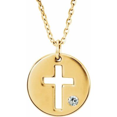 14K Yellow Gold .03 CTW Diamond Pierced Cross Disc 16-18" Necklace