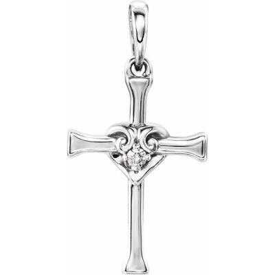 14K White .025 CT Diamond Cross with Heart Pendant