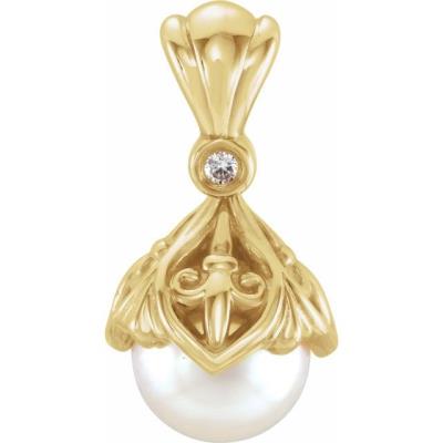 14K Yellow Gold 7-7.5 mm Freshwater Cultured Pearl & .02 CTW Diamond Fleur-de-lis Pendant