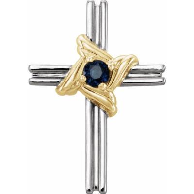 14K White & Yellow Gold Blue Sapphire Cross Pendant 