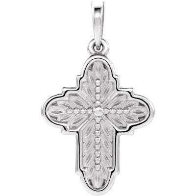 14K White 19x13.7 mm Ornate Leaf Cross Pendant