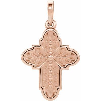 14K Rose 19x13.7 mm Ornate Leaf Cross Pendant