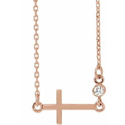 14K Rose .03 CTW Diamond Sideways Cross 16-18" Necklace 