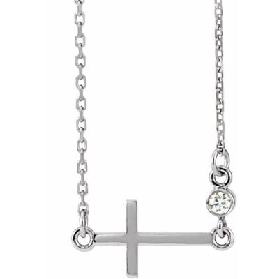 14K White .03 CTW Diamond Sideways Cross 16-18" Necklace 