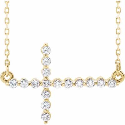 14K Yellow Gold 1/3 CTW Diamond Sideways Cross 16-18" Necklace 