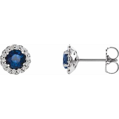 14K White Blue Sapphire & 1/6 CTW Diamond Earrings