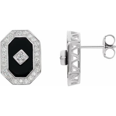 Sterling Silver Onyx & Cubic Zirconia Halo-Style Earrings