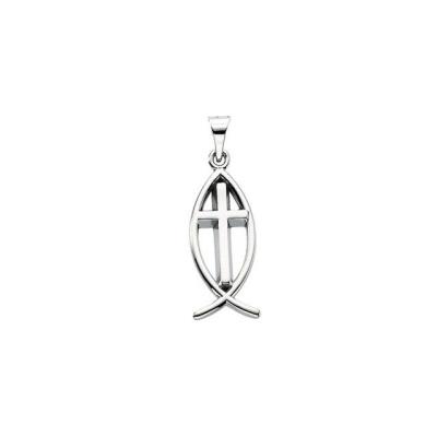 14K White 19x9 mm Fish Pendant with Cross