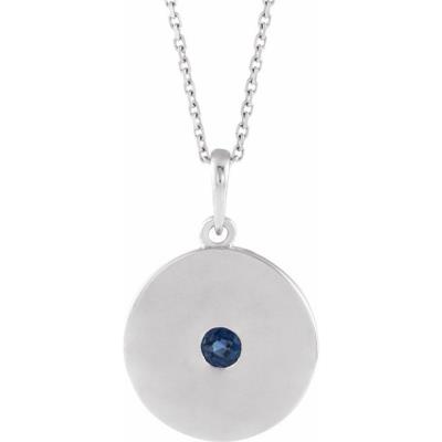 14K White Chatham® Created Blue Sapphire Disc Necklace 