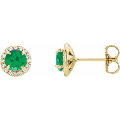 14K Yellow Gold 5 mm Round Emerald & 1/8 CTW Diamond Earrings