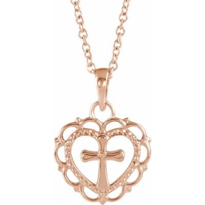14K Rose Youth Heart with Cross 16-18" Necklace