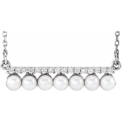 14K White Freshwater Cultured Pearl & 1/8 CTW Diamond Bar 16-18" Necklace  