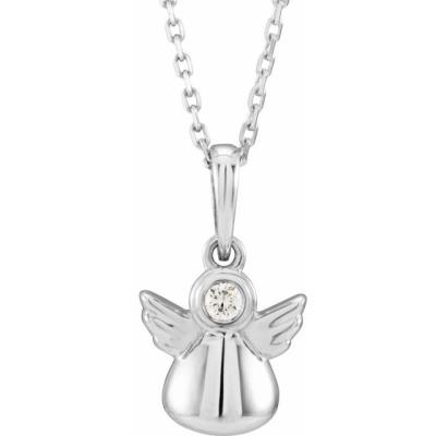 Sterling Silver .03 CT Diamond Youth Angel 15" Necklace  