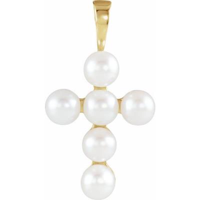 14K Yellow Gold Freshwater Cultured Pearl Cross Pendant    