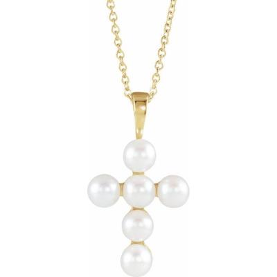 14K Yellow Gold Freshwater Cultured Pearl Cross 16-18" Necklace  