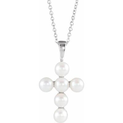 14K White Freshwater Cultured Pearl Cross 16-18" Necklace  